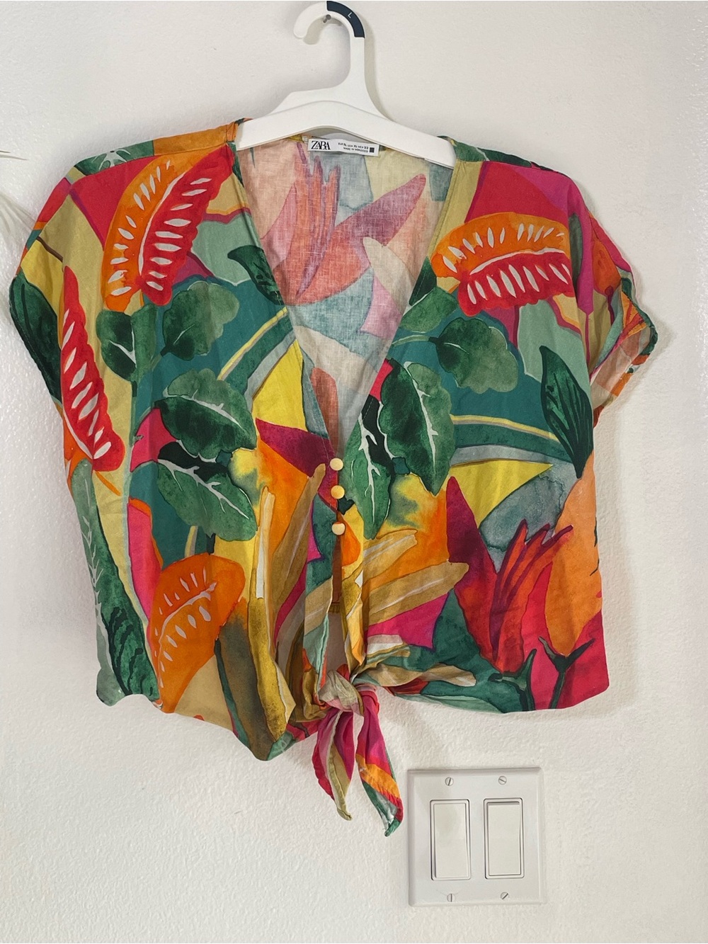 Zara Tie Front Top Multicolor Tropical Blouse XL - Picture 2 of 5